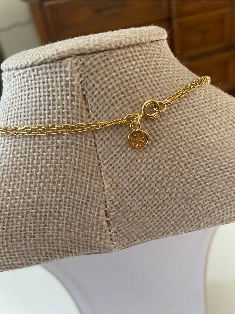 Tory Burch Gold Layered Necklace with White Pearl and Logo Pendant